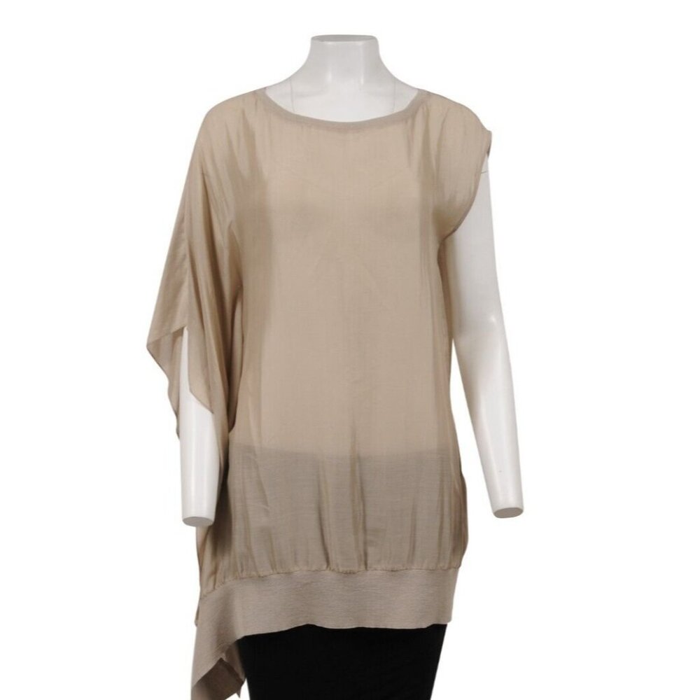 Brunello Cucinelli Round Neck Tunic Medium Beige Sand Silk One Shoulder Ruffle